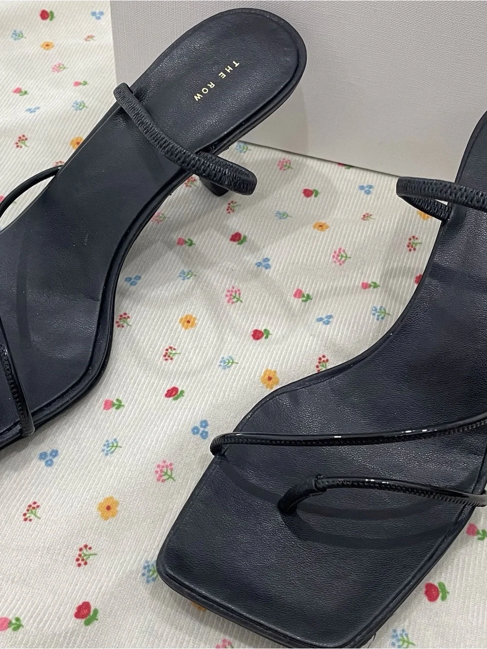 The Row Black Leather Square-Toe Strappy Slide Heels